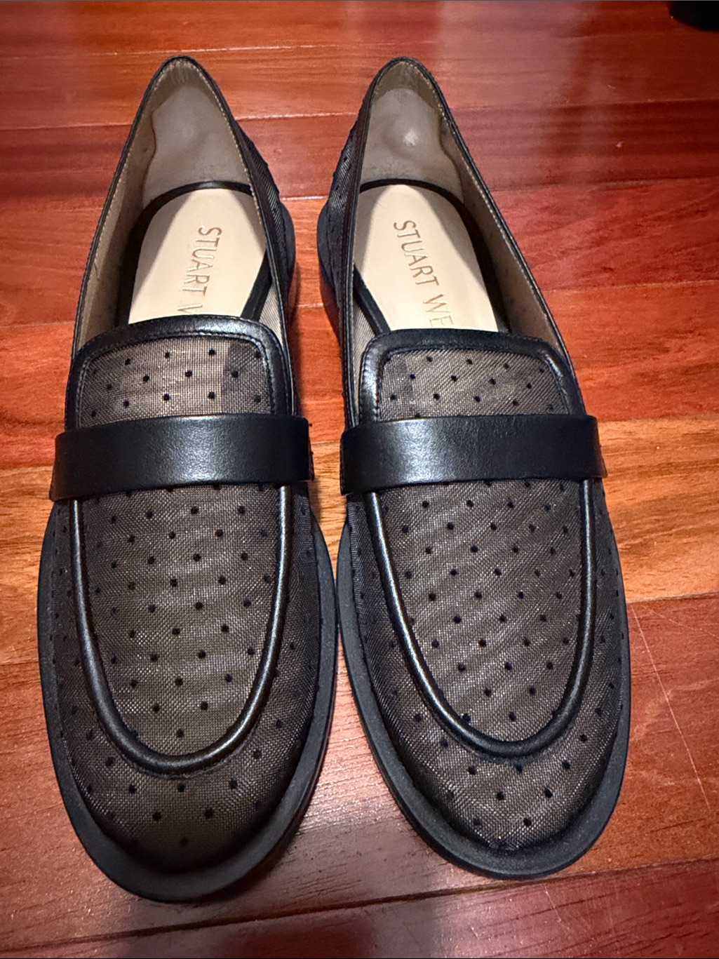 Stuart Weitzman Black Compass Mesh Leather Penny Loafers With Black Trim